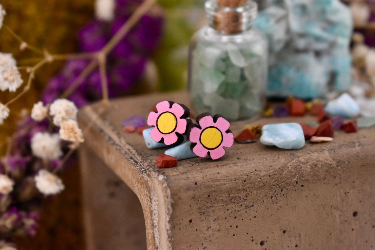 Pink Hippie Flower Studs